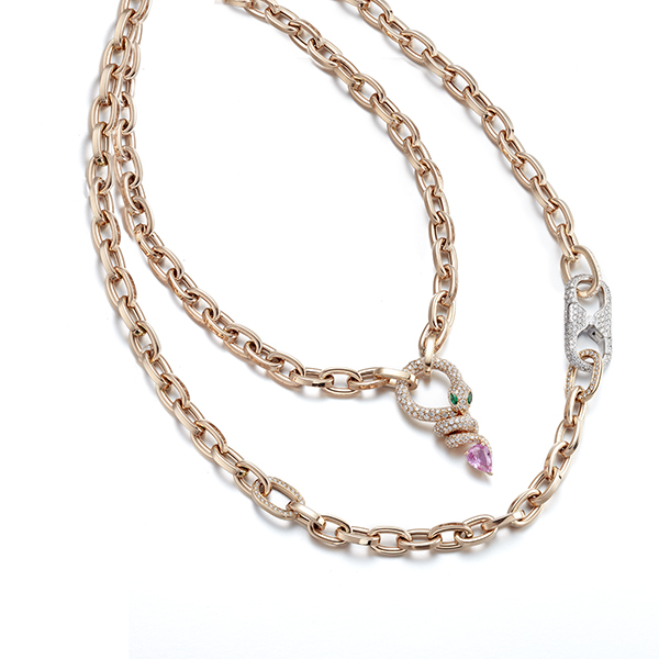 18K Diamond Snake Pendant on Oval Link Necklace